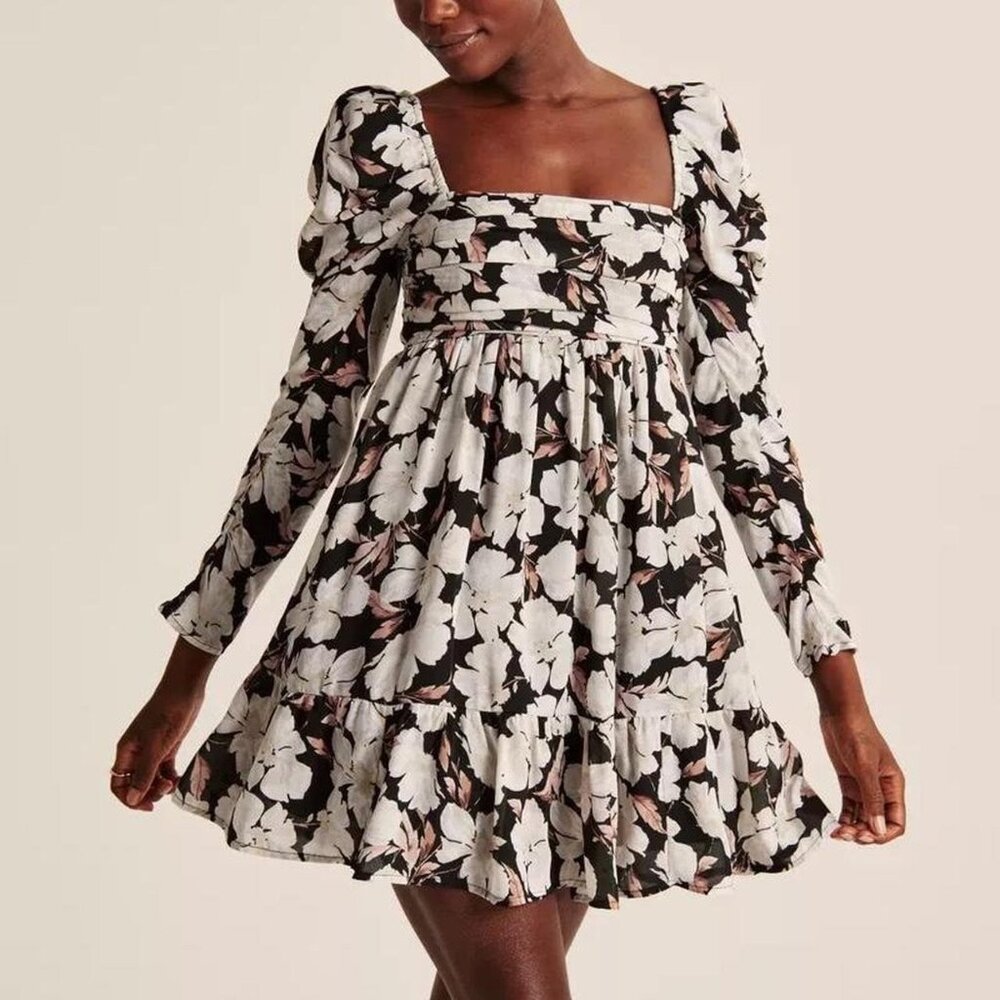 Abercrombie & Fitch Black Floral Long Sleeve Square Neck Dress